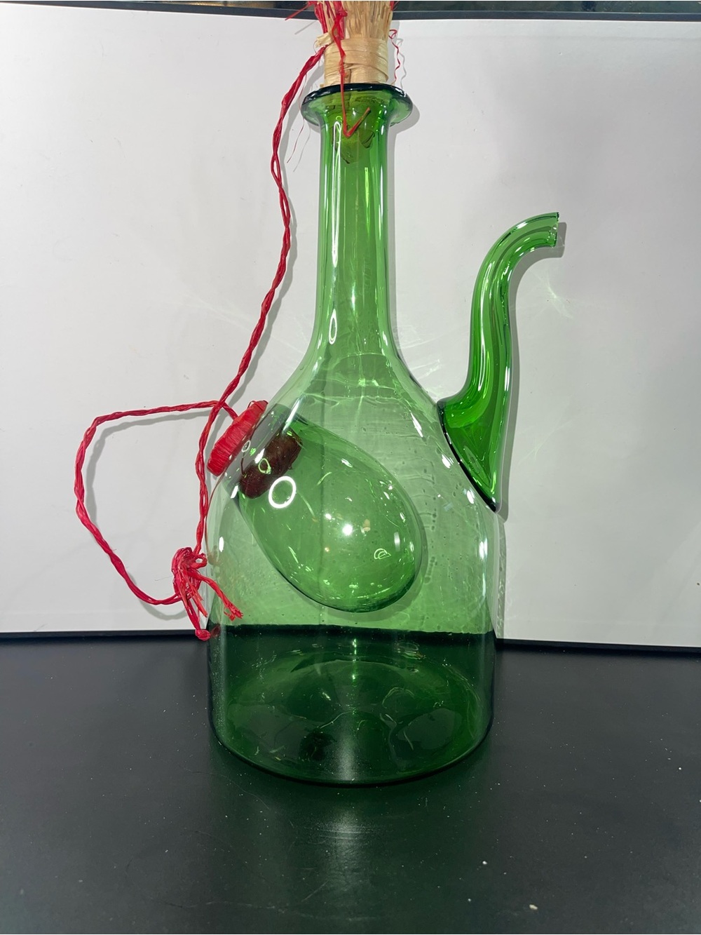 Source Unknown Green Glass Oil Cruet with Pour Spout